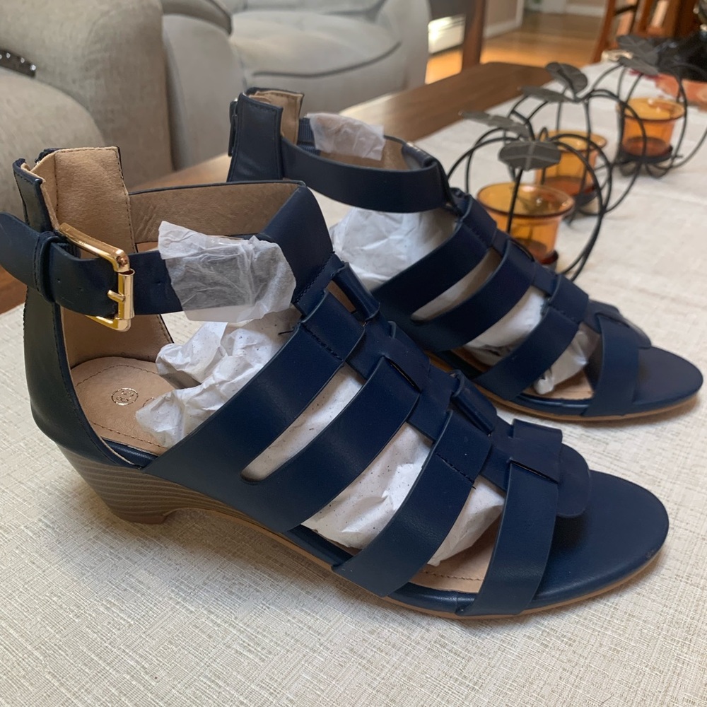Navy Strappy Sandals with Gold Buckle